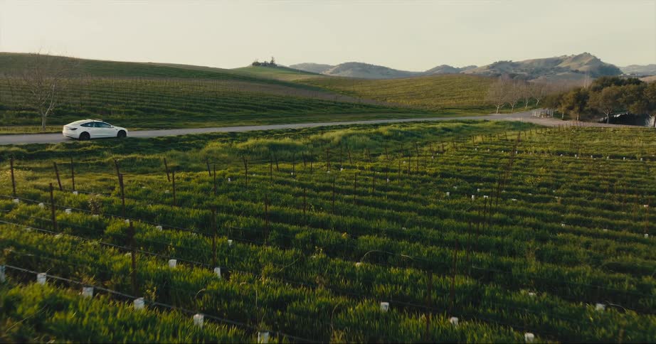 Car drives down road past crop fields at farm set near hills