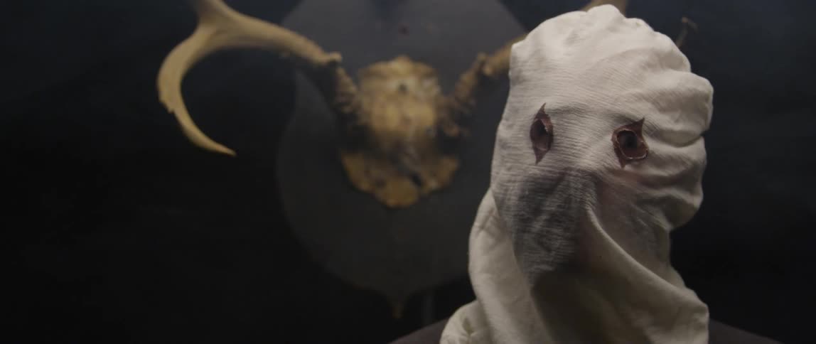 Person wearing white hood moves before some horns on the wall