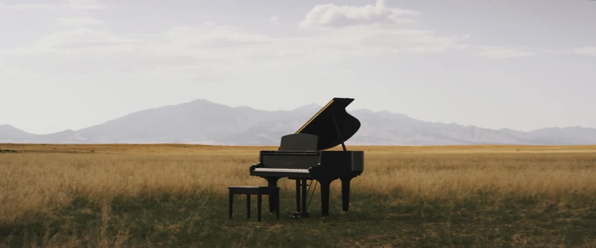 A piano in the middle of a grassy field