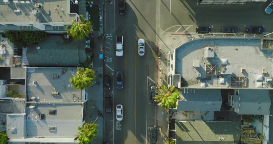 A white car travels on a city street past apartment buildings and palm trees