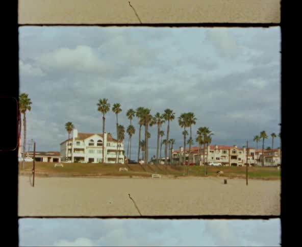 Vehicles drive past the beach