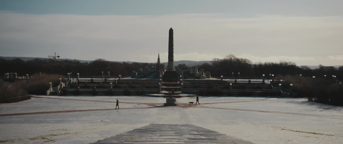 The Monolith on it's plateau flanked by other human figure sculptures, all part of the Gustav Vigeland installation in Frogner Park, Oslo, Norway