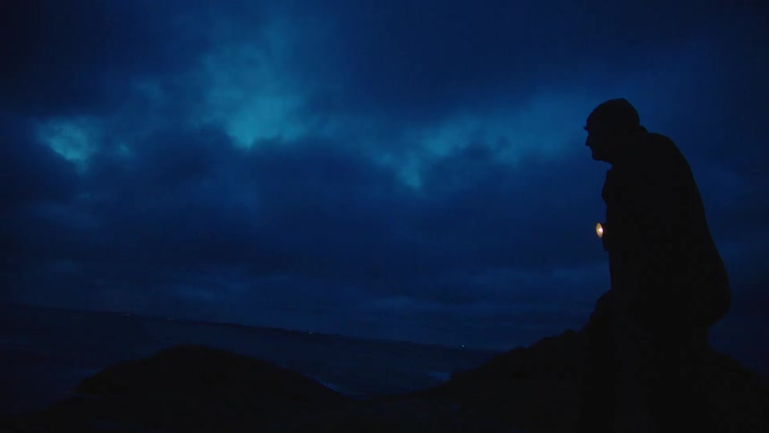 A man walks to the top of a hill on the coast and looks out at the ocean at night