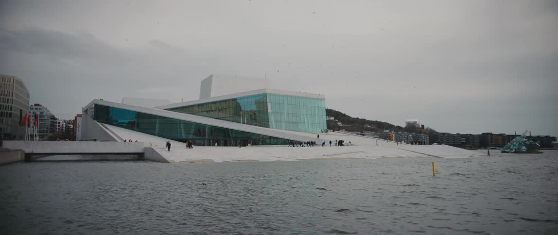 View of the Oslo Opera House, Operahuset, from the fjord below in Norway.