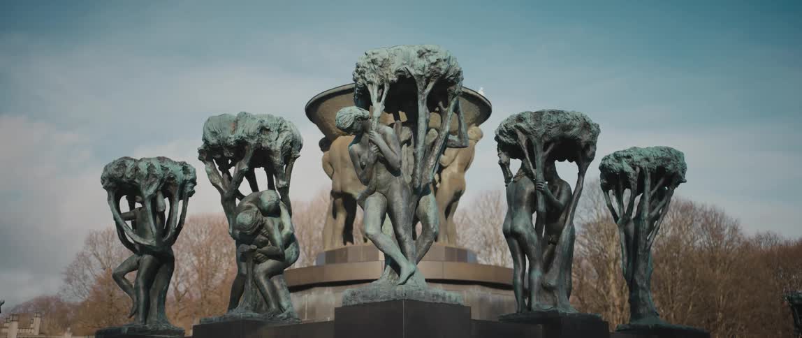 Some of Vigeland's many tree sculptures depicting man's relationship to nature, surrounding The Fountain in Frogner Park, in Oslo, Norway