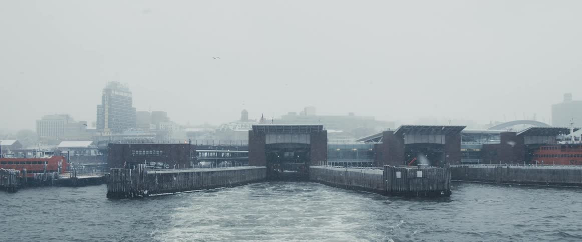 Birds fly over ferry slips and docks on a snowy foggy day