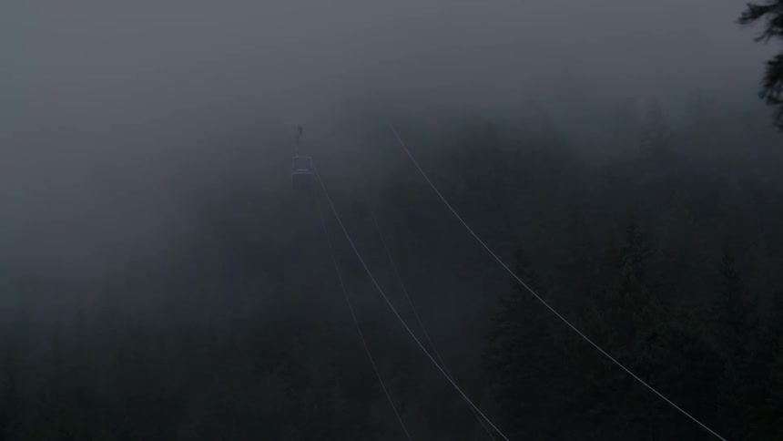 A gondola traveling along a wire and over the treetops on a very foggy evening