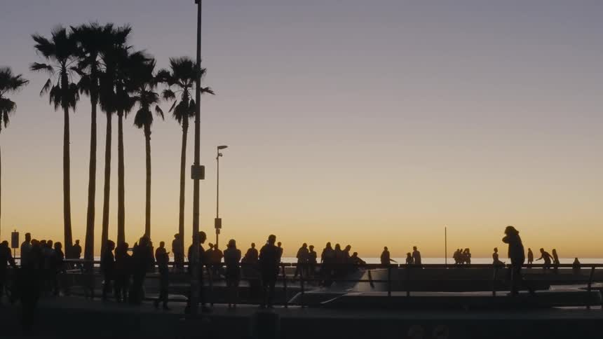 Silhouetted people at a coastal skate park at dusk