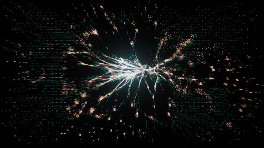 Digital artwork shows lighted dots against a black background that connect and turn into flashing lines