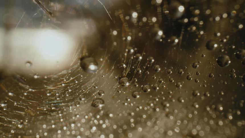Water droplets are in a spider web as it moves in the breeze