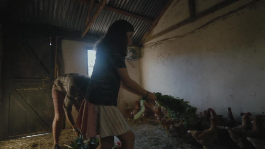 A woman and child feed chickens in the coop