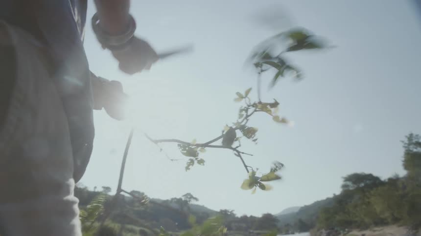 A woman holds a branch and uses a knife to try and chop it in half