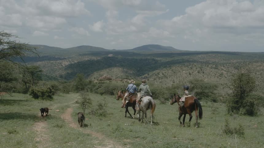 Family ride horses near a dirt road accompanied by pet dogs near the mountains