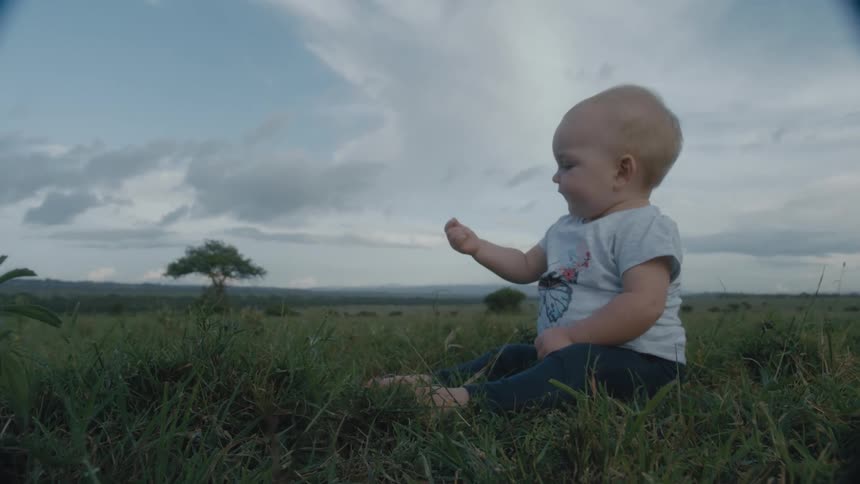 A baby pulls pieces of grass from the field