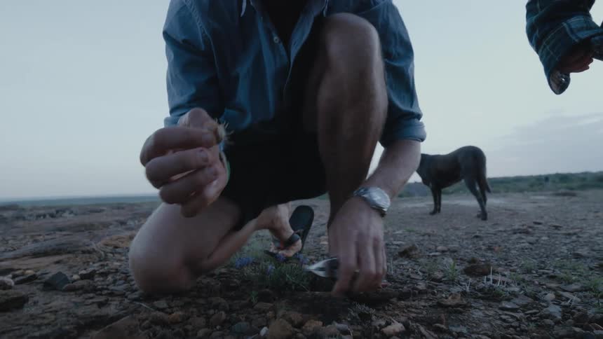 Man picks up scorpion from field as dog child watch