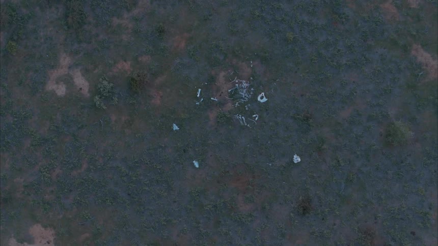 The field below is covered with debris