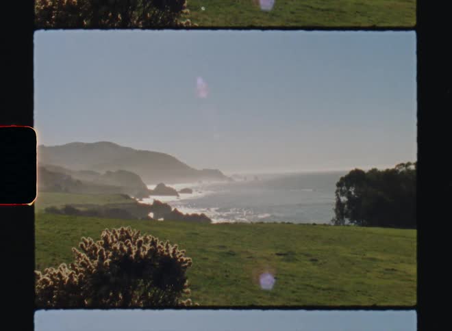 The ocean shimmering in the sunlight and trees blowing in the breeze Big Sur California Super8 4k Film Scan