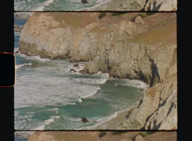 Cliffs over the coast on a sunny day Big Sur California Super8 4k Film Scan