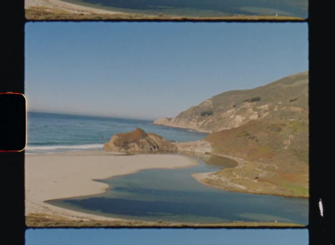 A film strip with water and a beach Big Sur California Super8 4k Film Scan