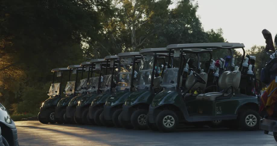 Golf carts lined up in a parking lot