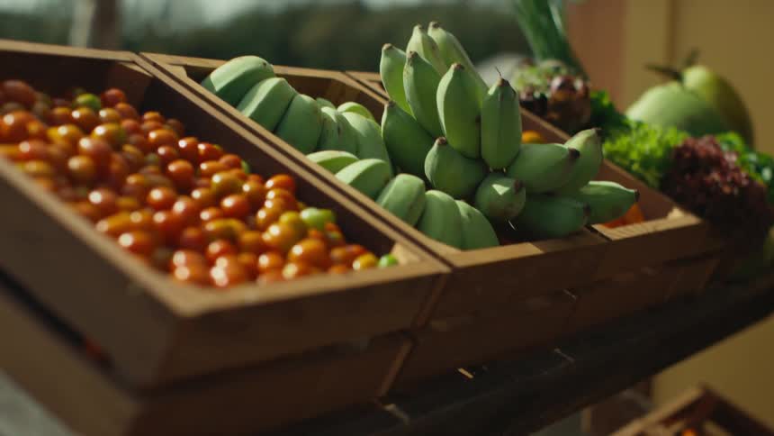 Containers of fruit are on display outdoors in spring