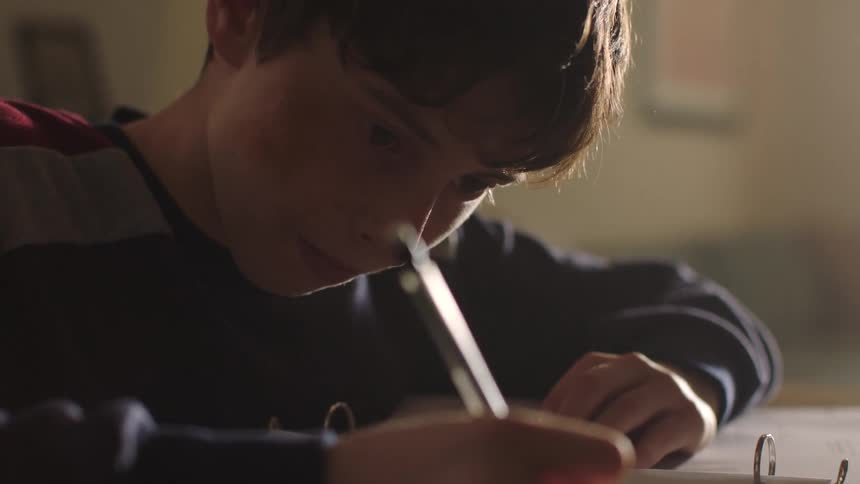 Boy concentrates while writing on paper in ring binder