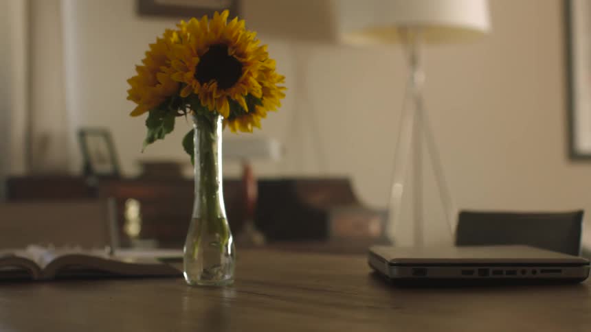 Sunflowers are in a vase on a table with a laptop computer and an open book