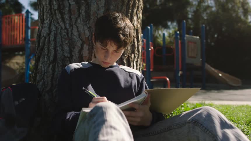 Teenaged boy sits against a tree and writes with a pen in a notebook