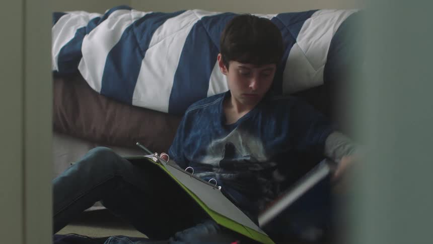 Teenaged boy sits in front of a striped blanket with a green binder on his lap and picks up a book with his left hand