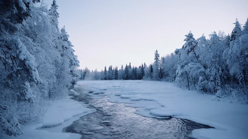 Snow covered trees on each side of a partially frozen over river with water flowing in sunrise