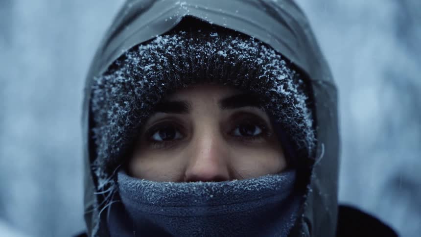 A woman with frozen clothing looking into camera while its snowing