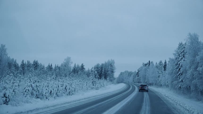 Vehicles travel along a road through a frozen woodland on a cloudy winter day