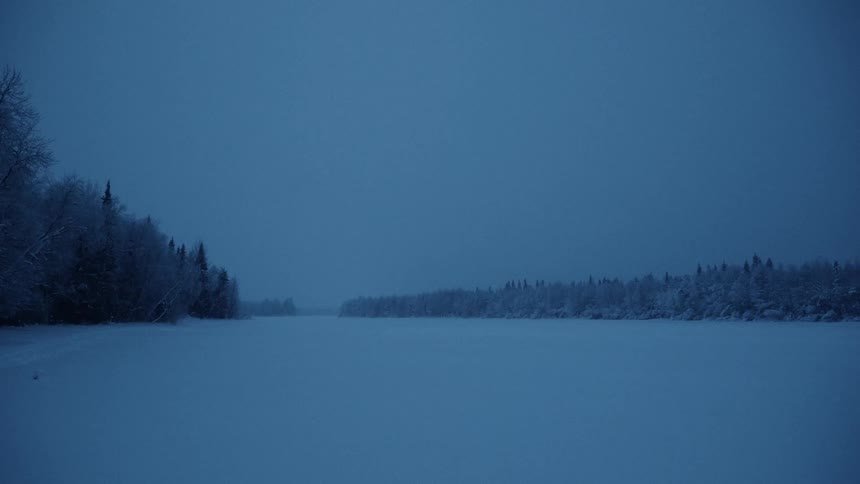 frozen lake landscape with snow covered treeline