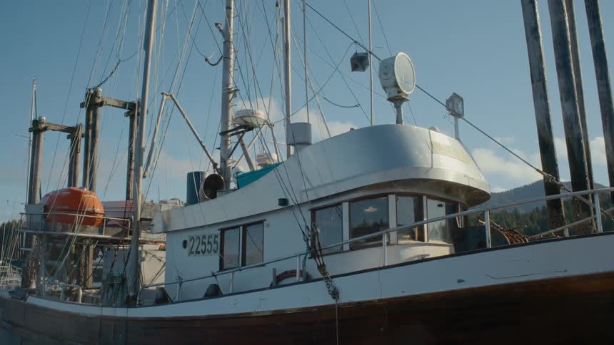 Boat with a spotlight on its roof under a sunny blue sky