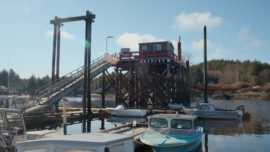 Boats docked on a pier near a tall boardwalk on a lake in the mountains at daytime