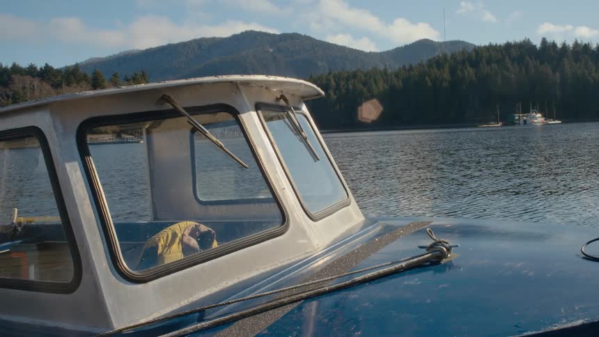 Boat sits docked in the river with a forest and mountains on the other side of the river