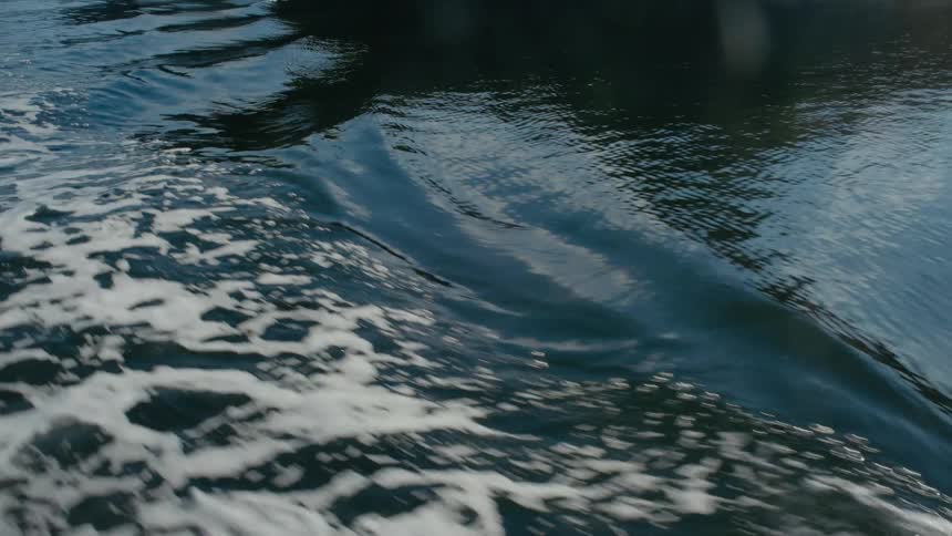 Boat travels across water with wake and reflection of trees