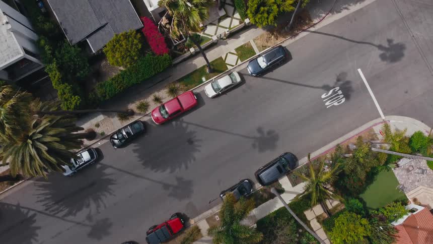 Vehicles parked along a road in a residential neighborhood during the day