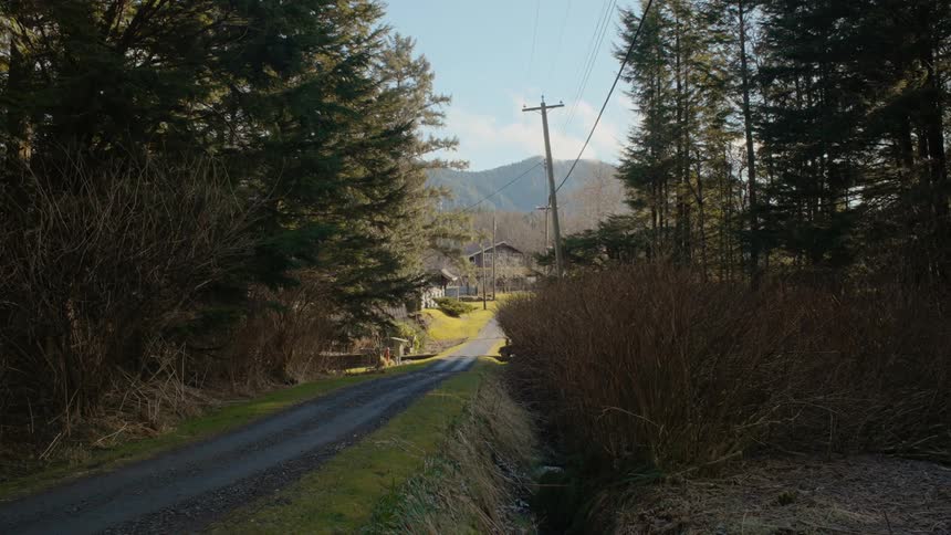 Distant country house with country road in the countryside