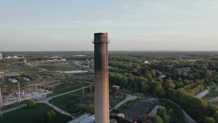 Large factory chimney towers over factory sitting on shore