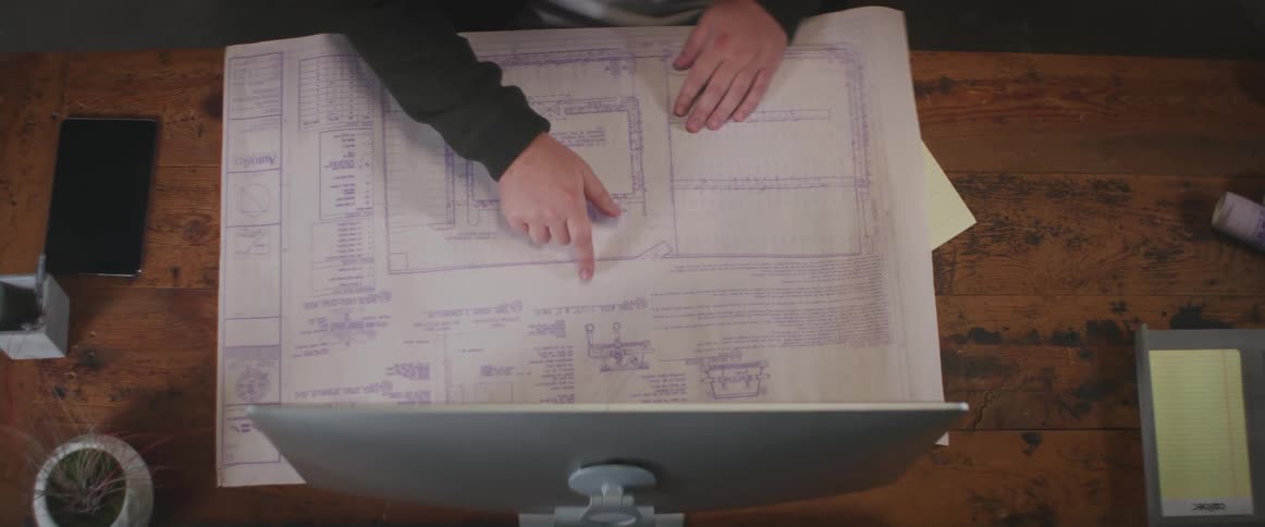A man is looking at a blueprint on the desk in front of a computer monitor and pointing to areas on the blueprint