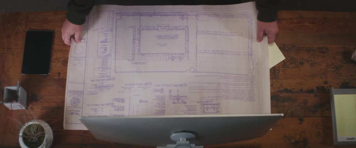Someone unrolls a blueprint over a keyboard and mouse that are sitting on a desk and a hand is pointing to an area on the blueprint