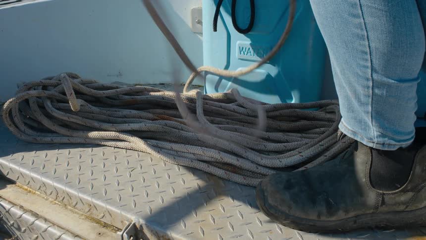 Someone is standing on a ship pulling rope