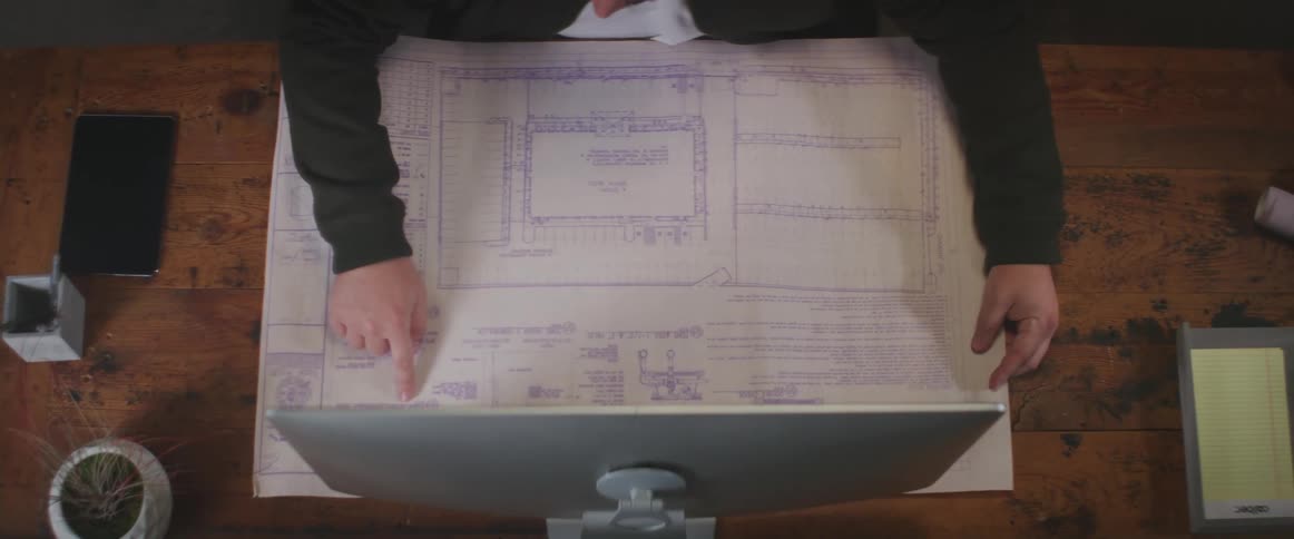 A man is looking at a blueprint on the desk in front of a computer monitor and pointing to an area on the blueprint