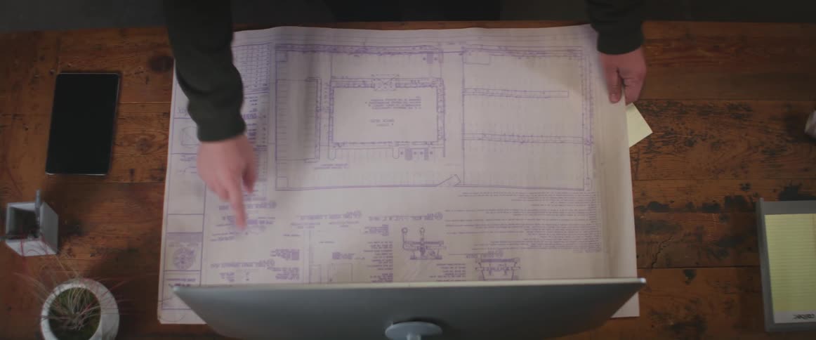 A person rolls out some blueprints on the desk