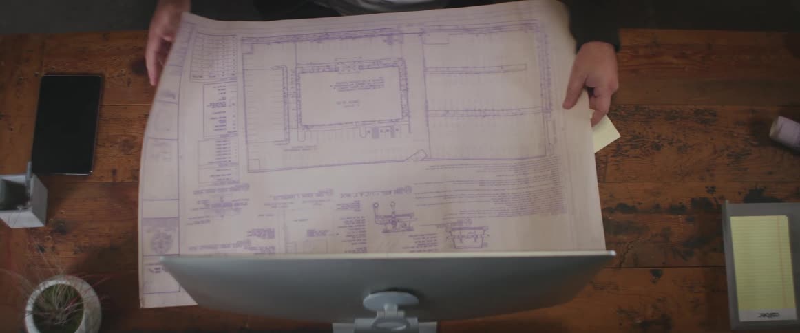 Hands typing on a wireless keyboard then unrolling blueprint plans