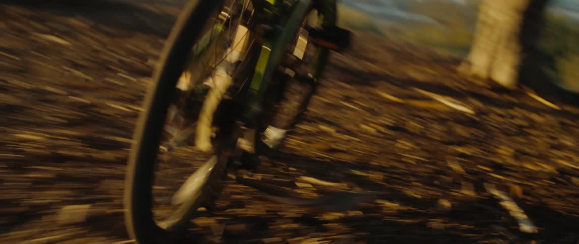 A boy is riding a bicycle on the hill