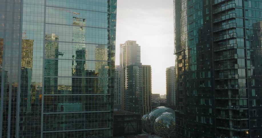 Skyscrapers and office towers shimmer in late afternoon light