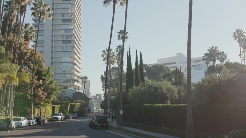A man walks down the middle of a tree lined street in a downtown neighborhood