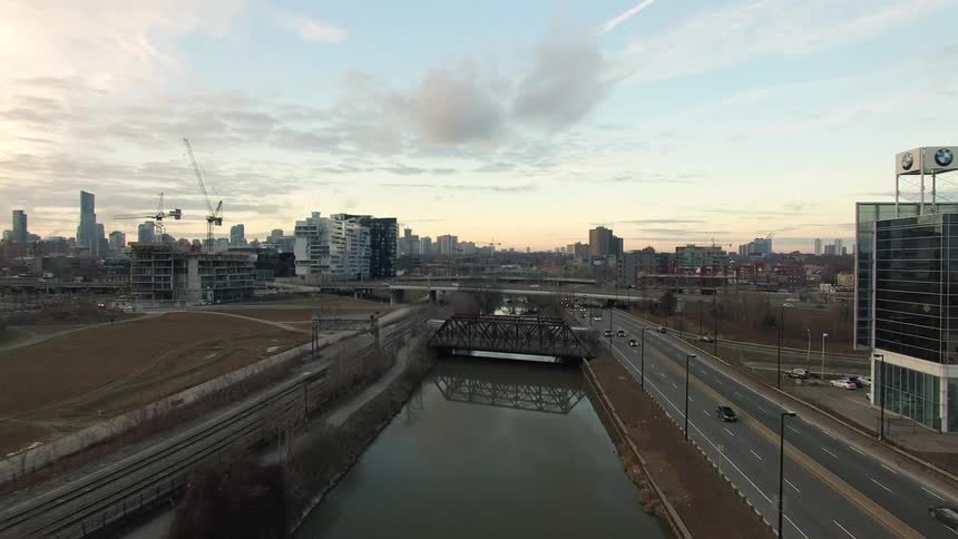 View of a busy city and a river in the middle Toronto